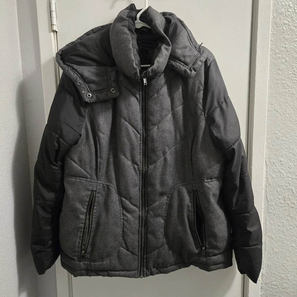 Metaphor Womens XL Puffer Jacket Gray Herringbone Mixed Media Quilted Hooded Par
